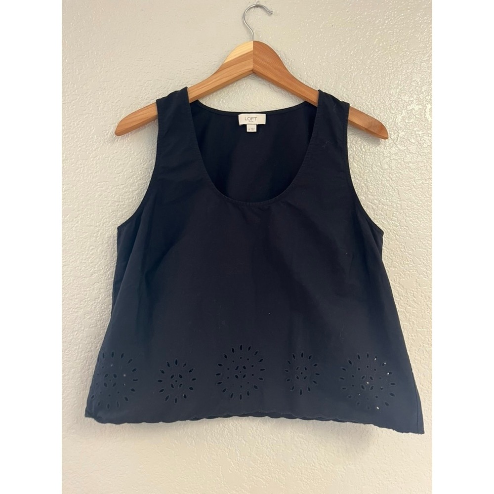Loft Outlet Womens Black Cotton Eyelet Embroidered Scallop Hem Tank Top Size M